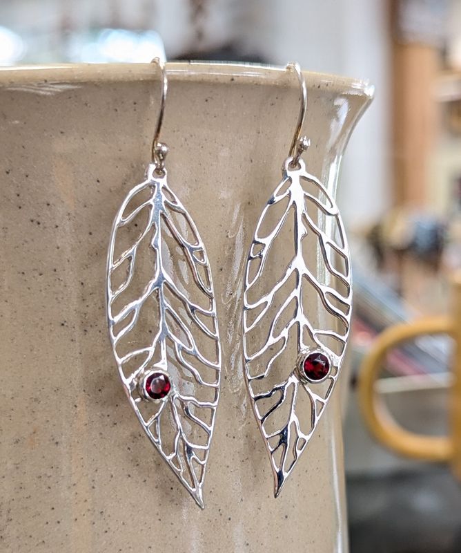 Garnet Leaf Sterling Silver Earrings