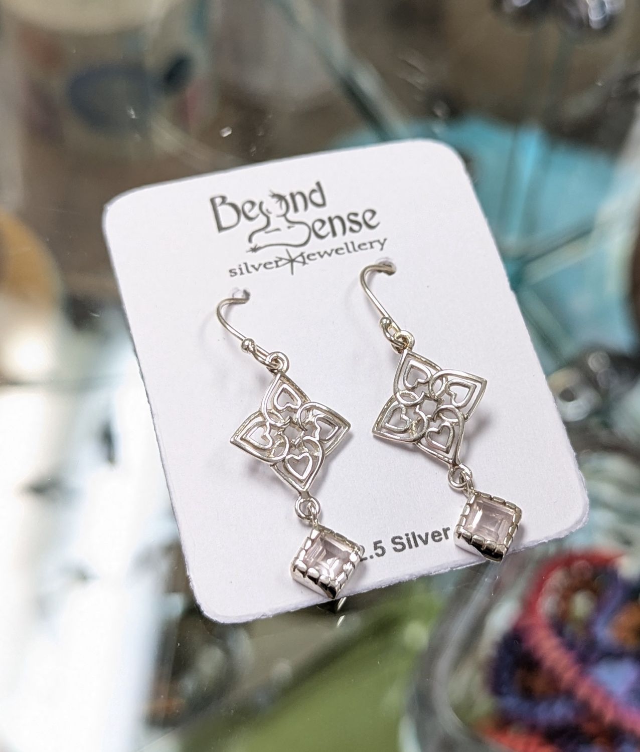 Rose Quartz Heart Pattern Sterling Silver Earrings