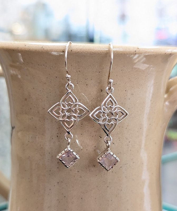 Rose Quartz Heart Pattern Sterling Silver Earrings