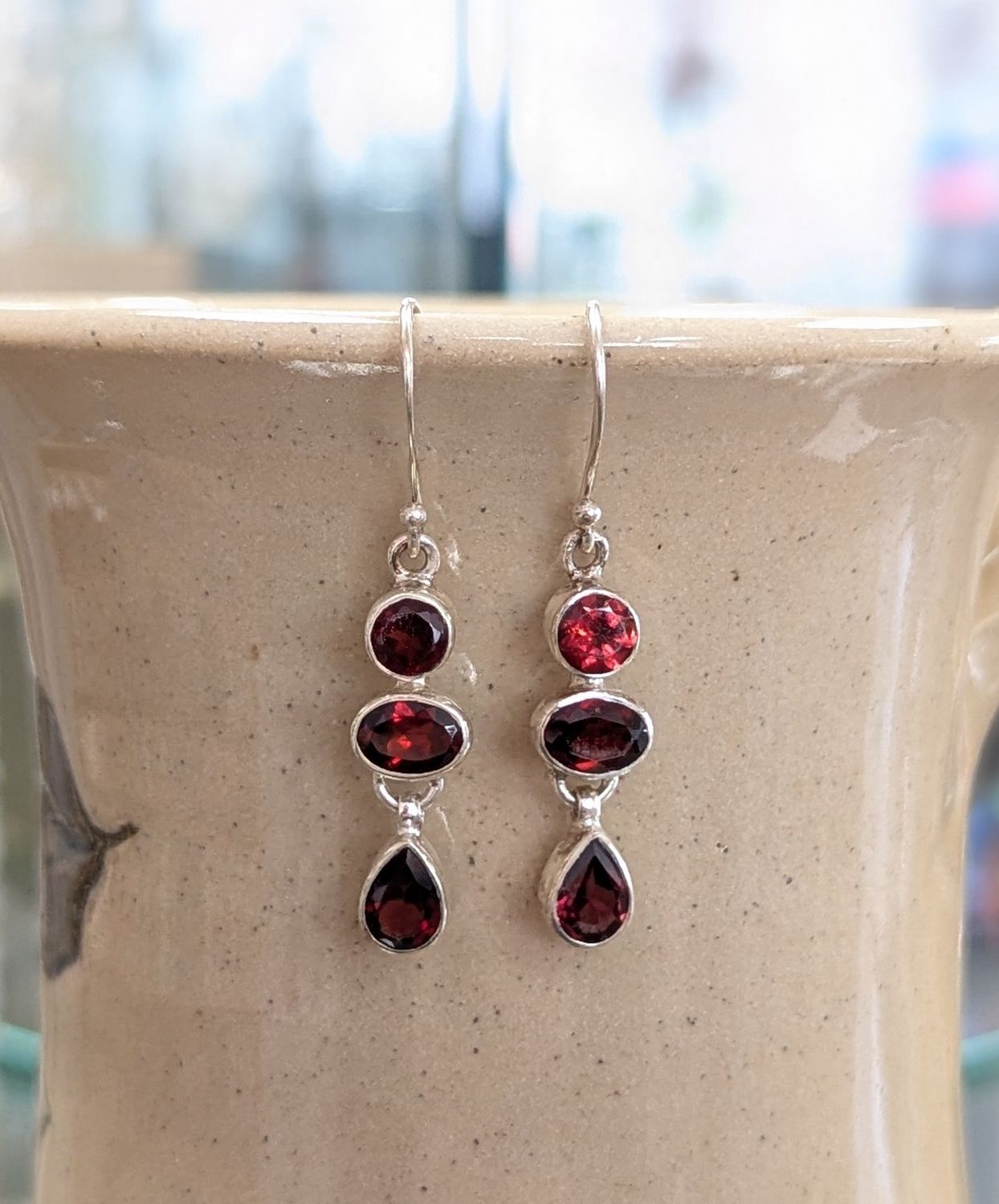 Triple Stone Garnet Sterling Silver Earrings