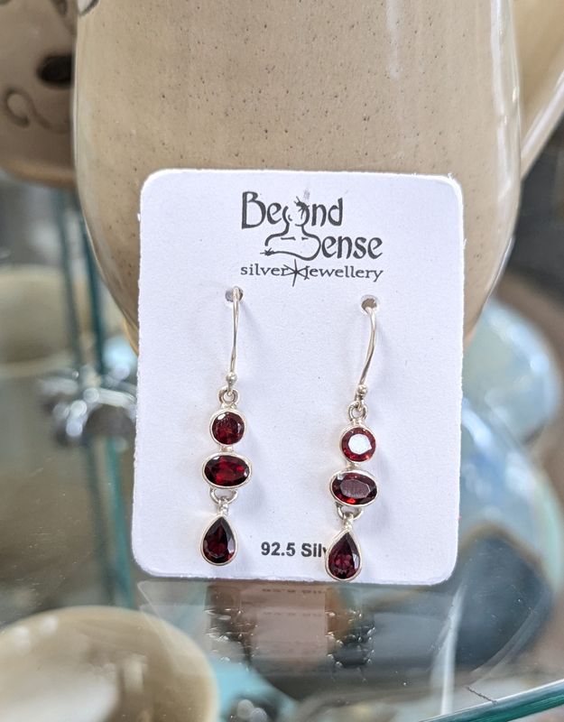 Triple Stone Garnet Sterling Silver Earrings