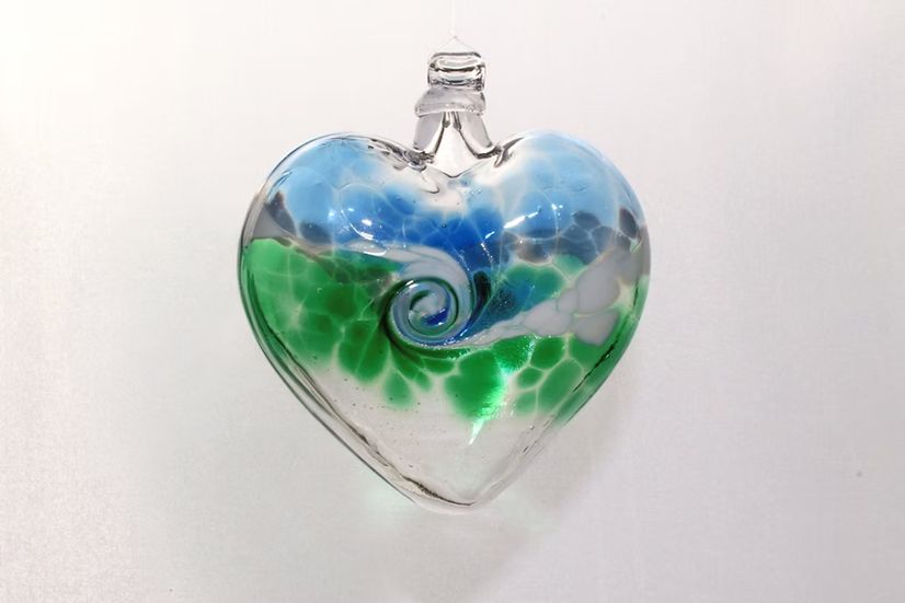Spiral Heart Glass Ornament "Blue Green"
