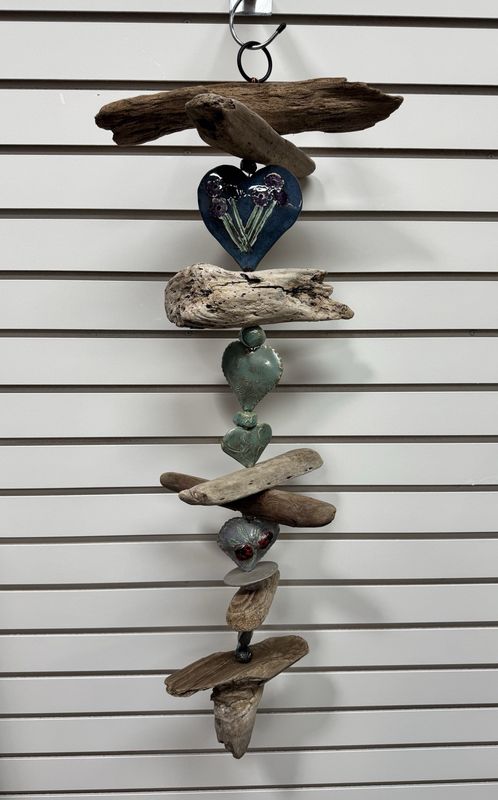 Asters Ceramic Hearts &amp; Driftwood Mobile