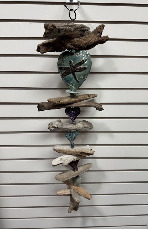Dragonfly Ceramic Heart &amp; Driftwood Mobile