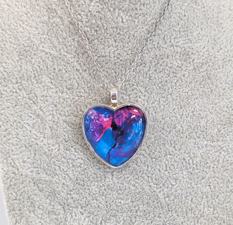 Pink and Purple Alcohol Ink Heart Necklace