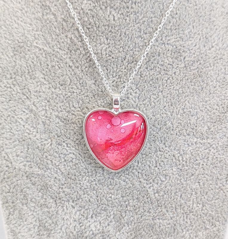 Pink Alcohol Ink Heart Necklace