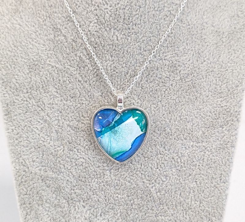 Green Alcohol Ink Heart Necklace