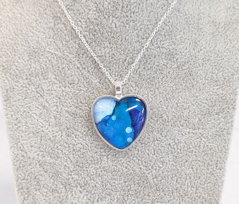 Blue Alcohol Ink Heart Necklace