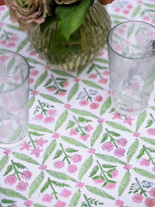Gazebo Block Print Tablecloth - Pink Green 60x90