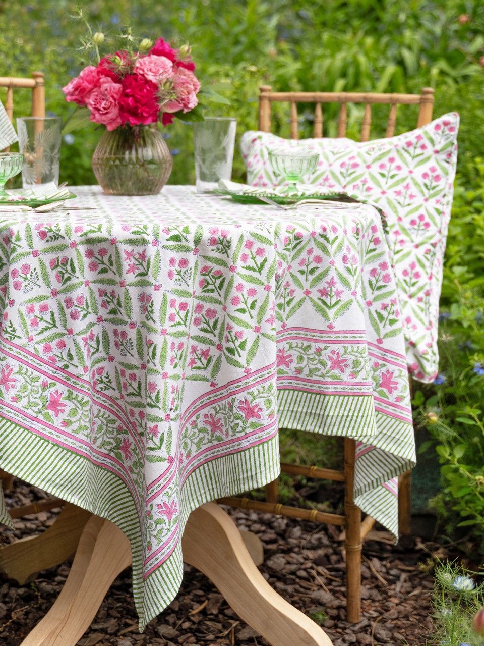 Gazebo Block Print Tablecloth - Pink Green 60x90