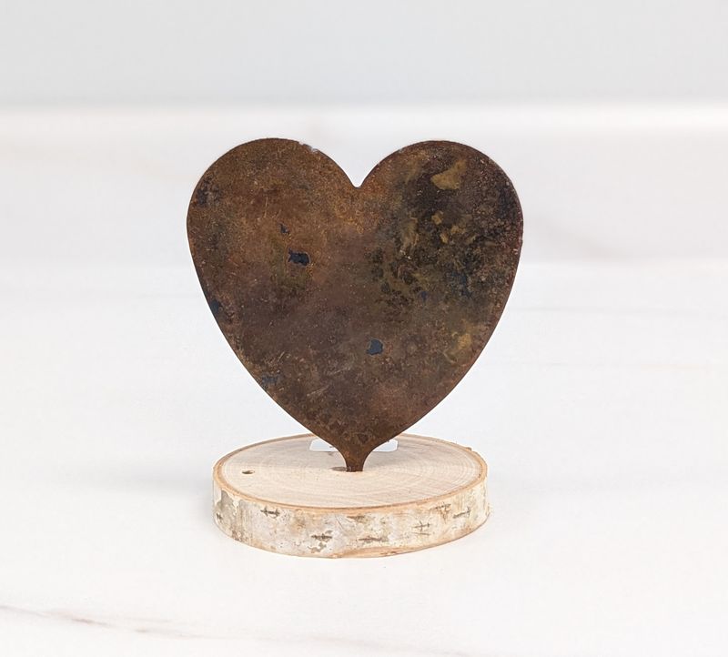 Mini Rusted Metal Heart on Log