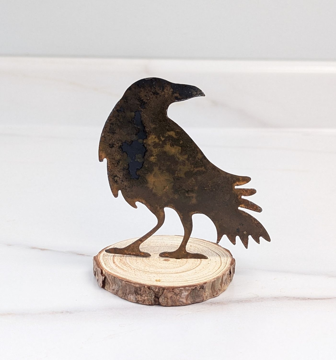 Mini Rusted Metal Raven on Log