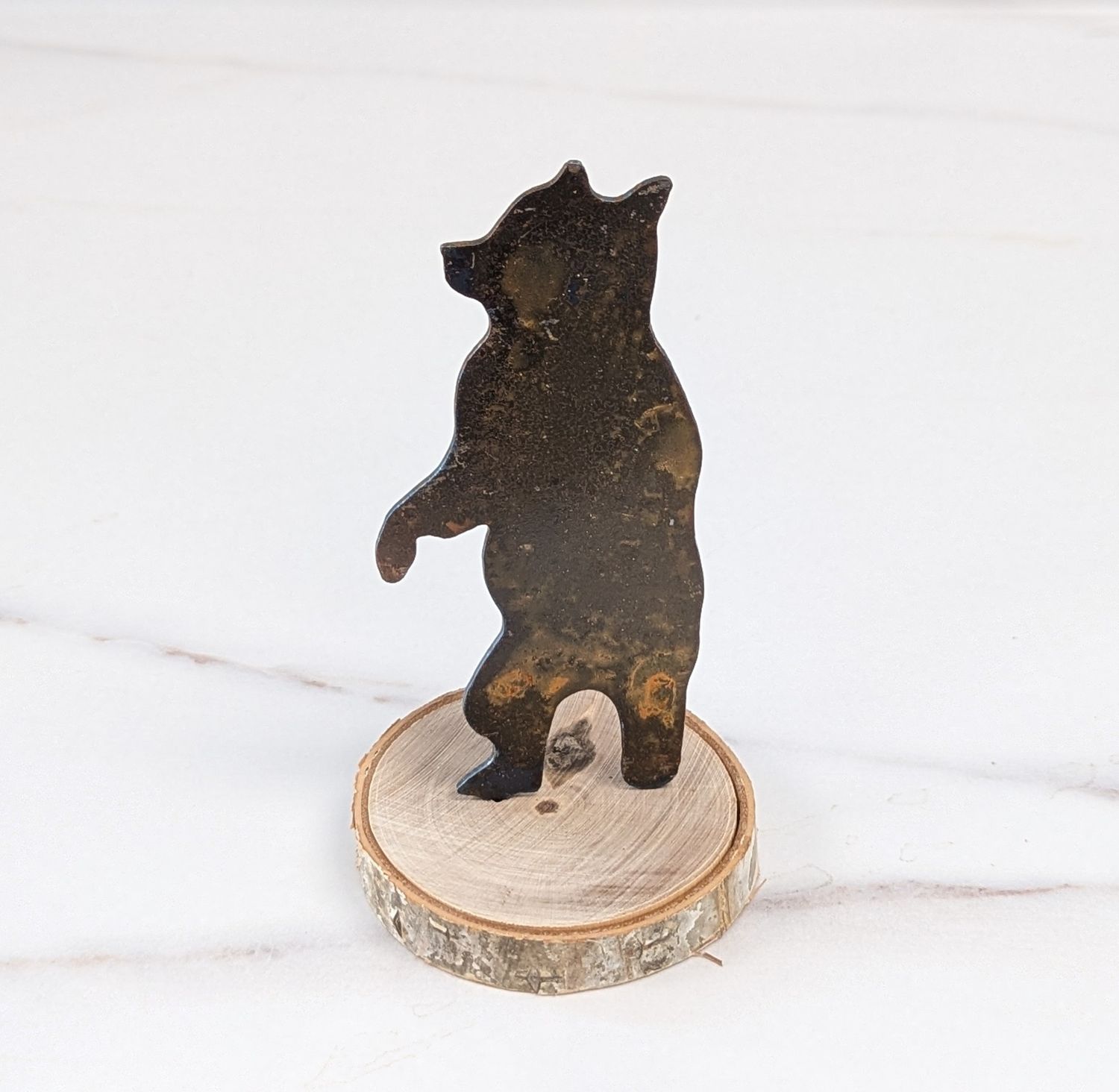 Mini Rusted Metal Standing Bear on Log