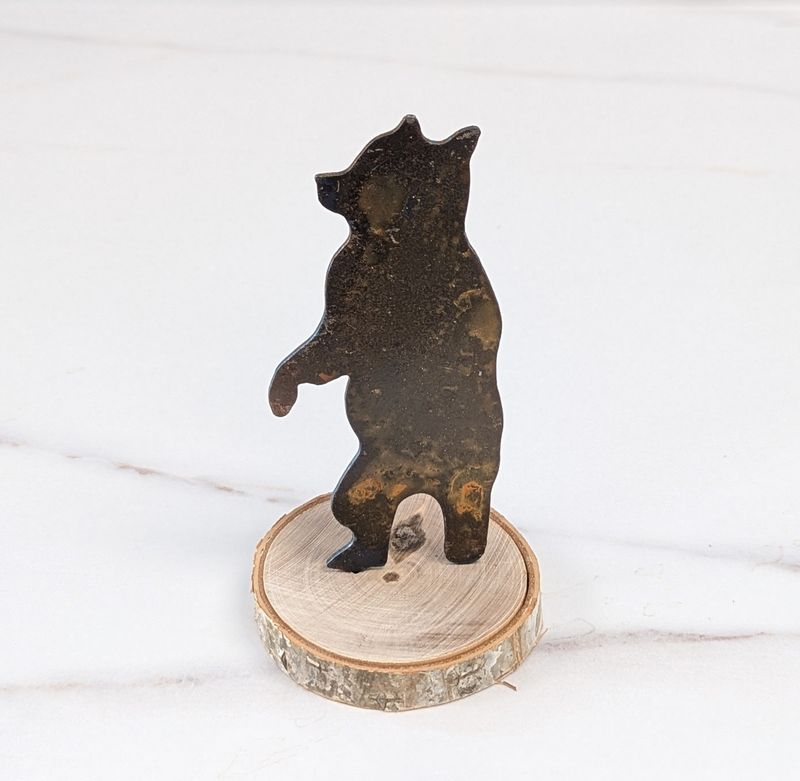 Mini Rusted Metal Standing Bear on Log