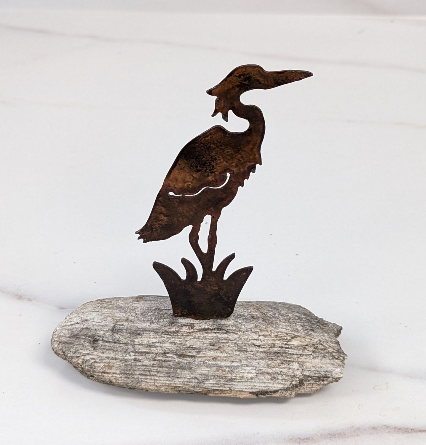Mini Rusted Metal Heron on Driftwood