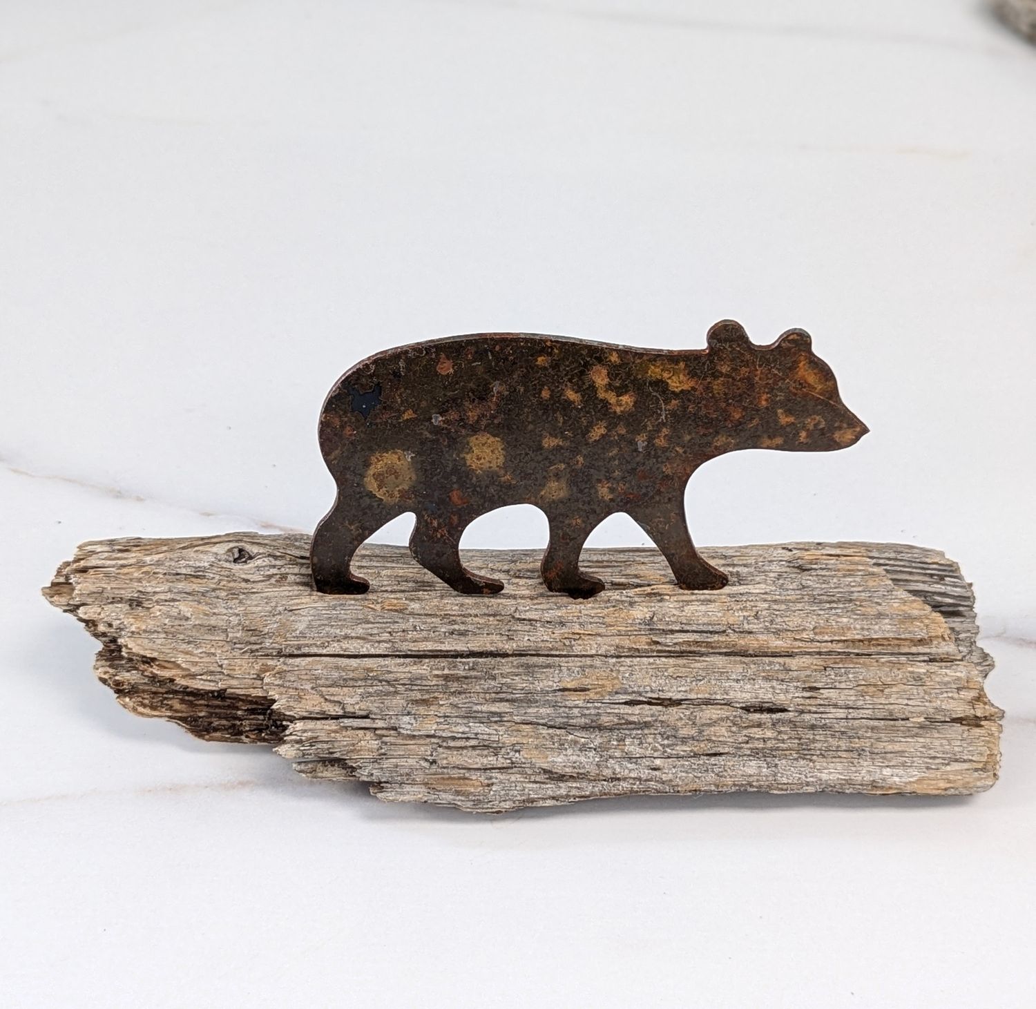 Mini Rusted Metal Walking Bear on Driftwood