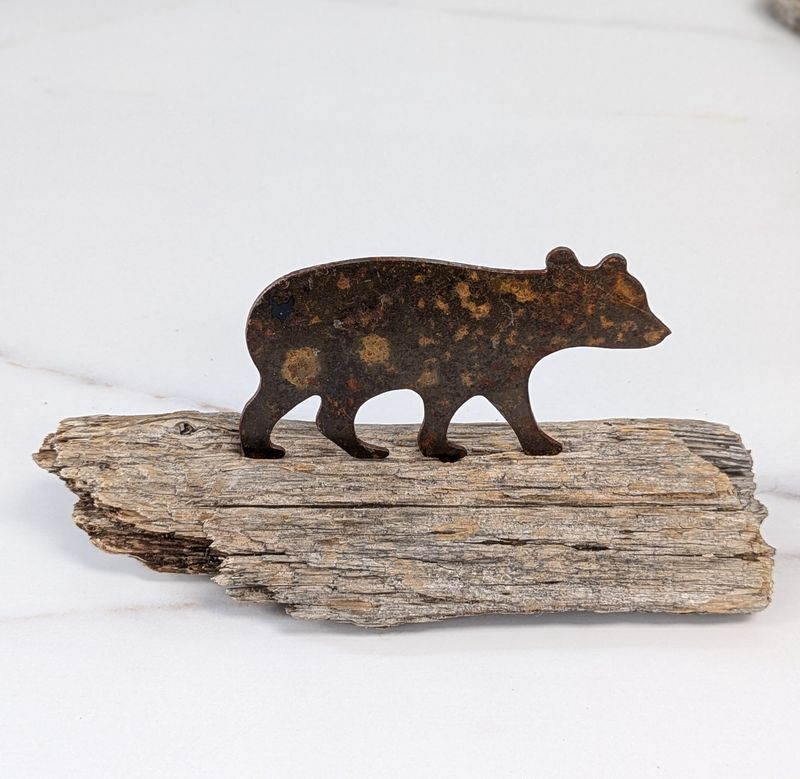 Mini Rusted Metal Walking Bear on Driftwood