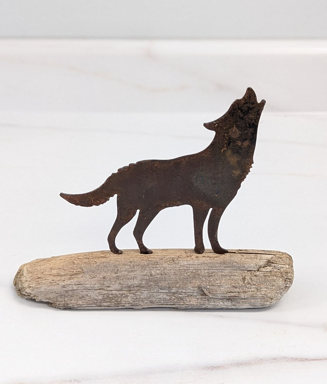 Mini Rusted Metal Wolf on Driftwoof