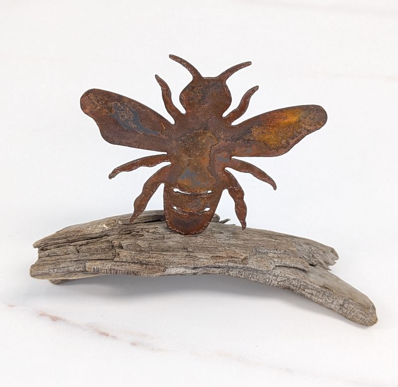 Mini Rusted Metal Bee on Driftwood