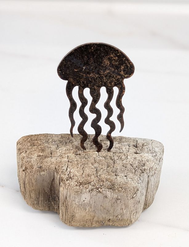 Mini Rusted Metal Jellyfish on Driftwood