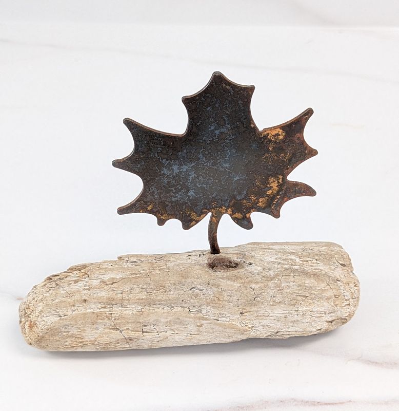 Mini Rusted Metal Maple Leaf on Driftwood