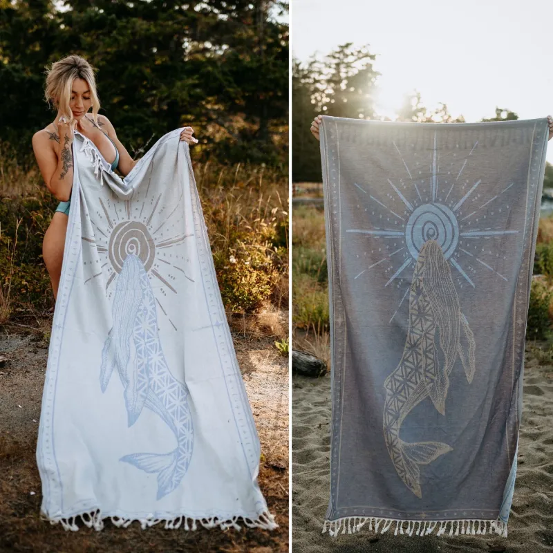 Storm Blue Seed of Life Whale 100% Cotton Turkish Towel