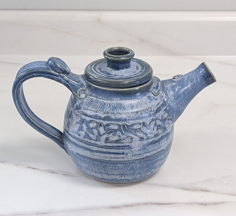 Large Carved Powel River Blue Teapot