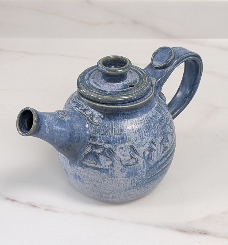 Large Carved Powel River Blue Teapot