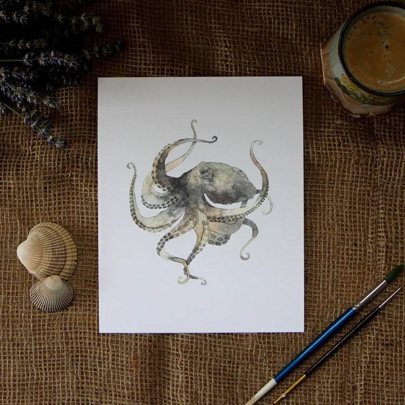 Green Octopus 8 x 10 Watercolour Print
