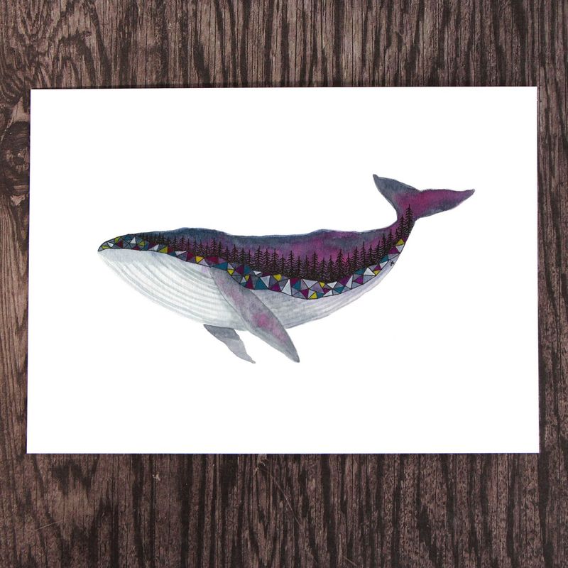 Humpback Whale and Forest 8 x 10 Watercolour Print