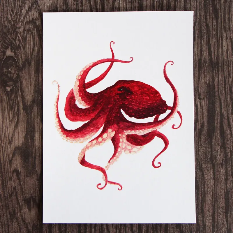 Red Octopus 5 x 7 Watercolour Print