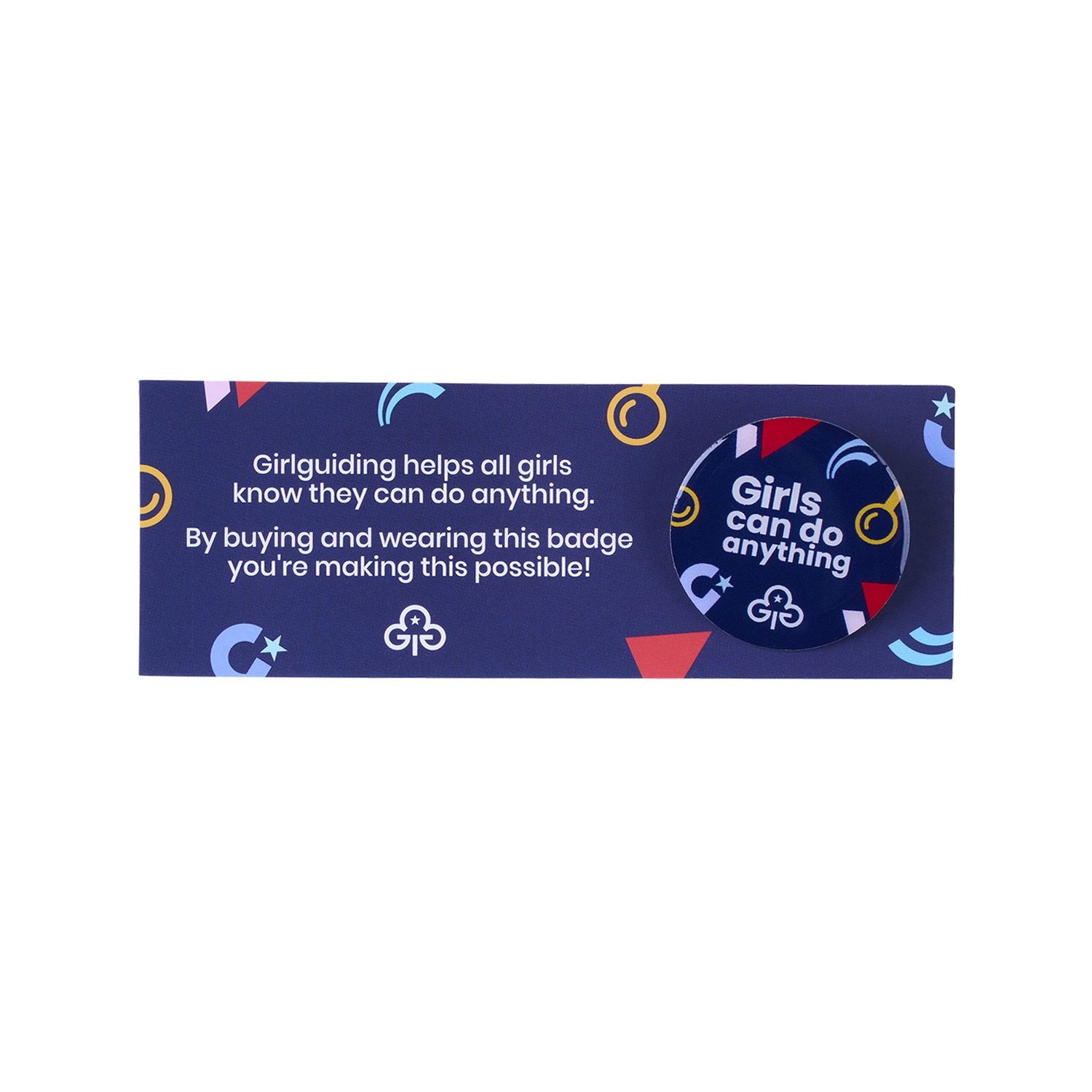 Girls can do anything pin badge on card