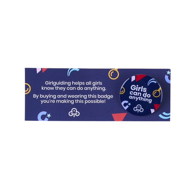 Girls can do anything pin badge on card