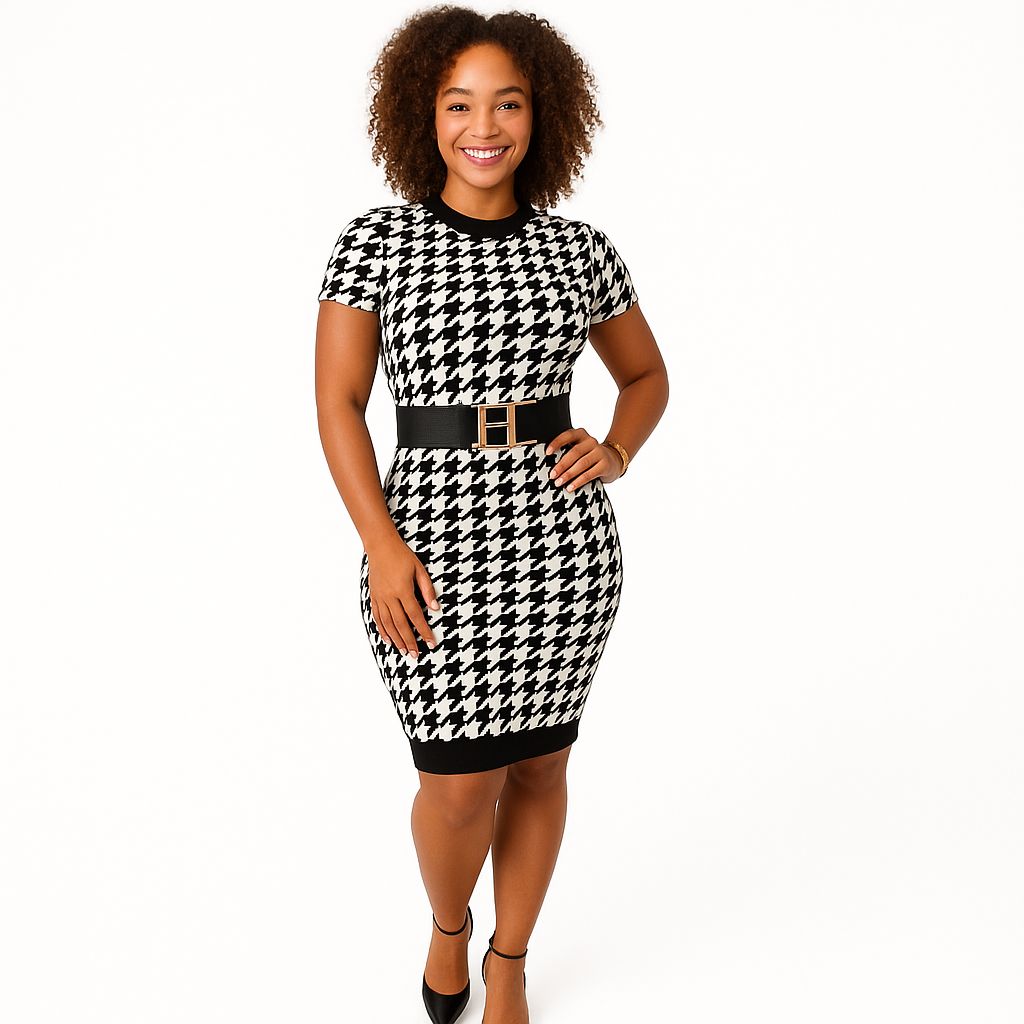 Black &amp; White Checkered Short Sleeved Dress