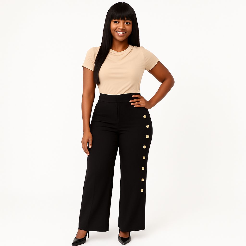Black pants with gold accent buttons
