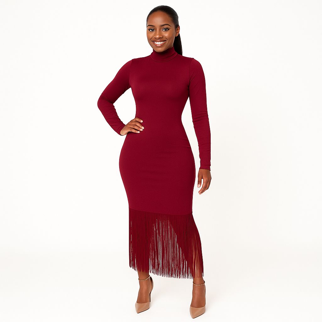 Burgundy Long-Sleeve Fringe Hem Bodycon Dress