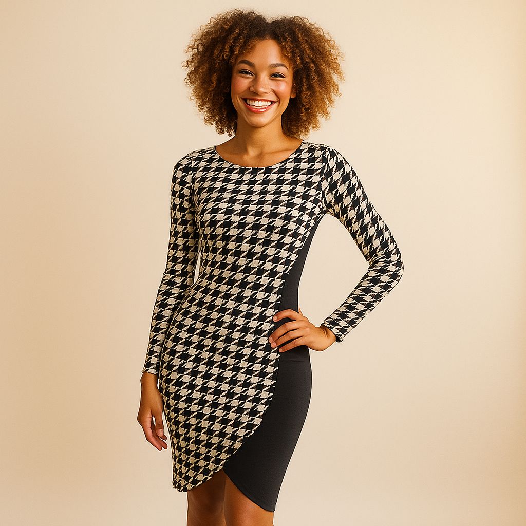 Back and white Long  Sleeve Houndstooth dress