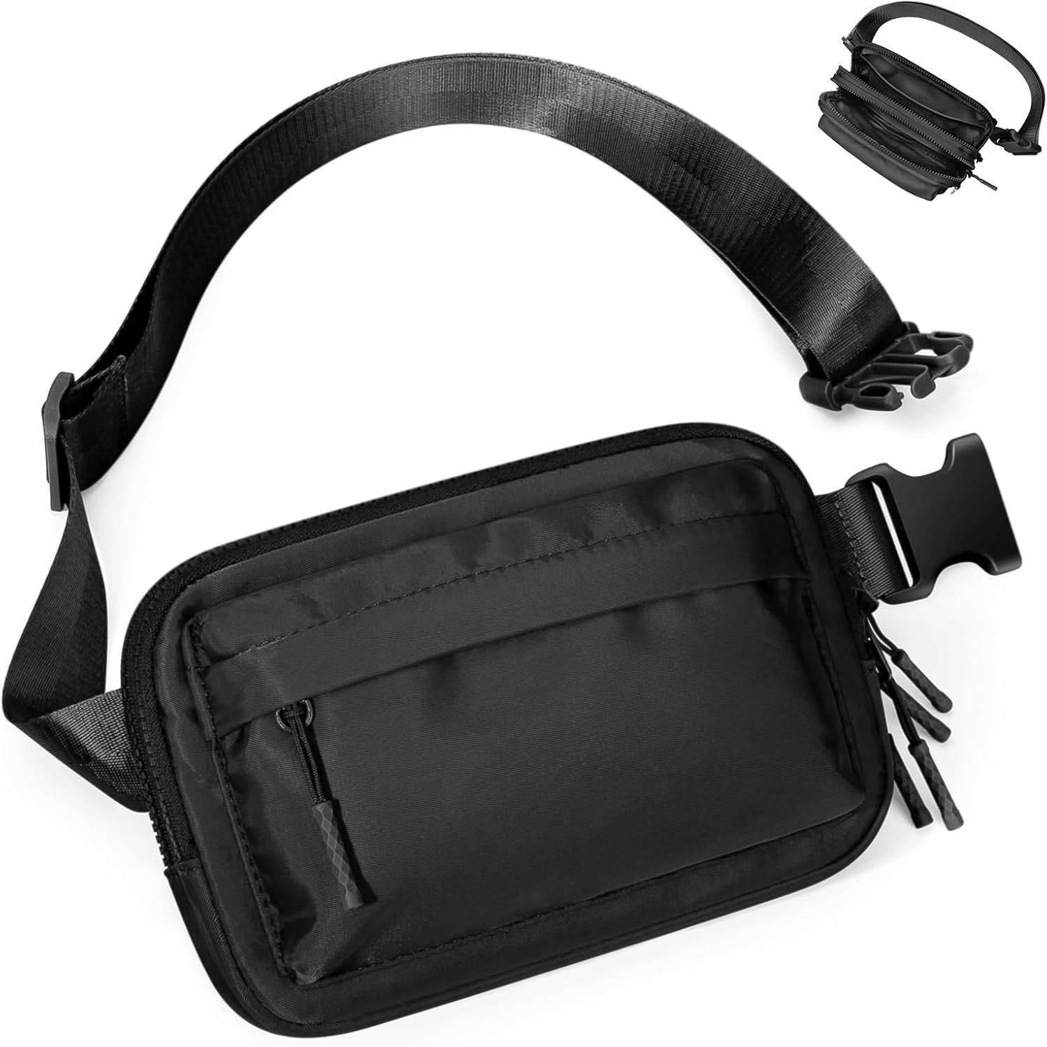 Crossbody Belt Bag with 4 Zipper Pockets,Waterproof ,Fashion Waist Packs with Adjustable Long Strap for Workout/Running/Yoga/Shopping/Hiking,Black