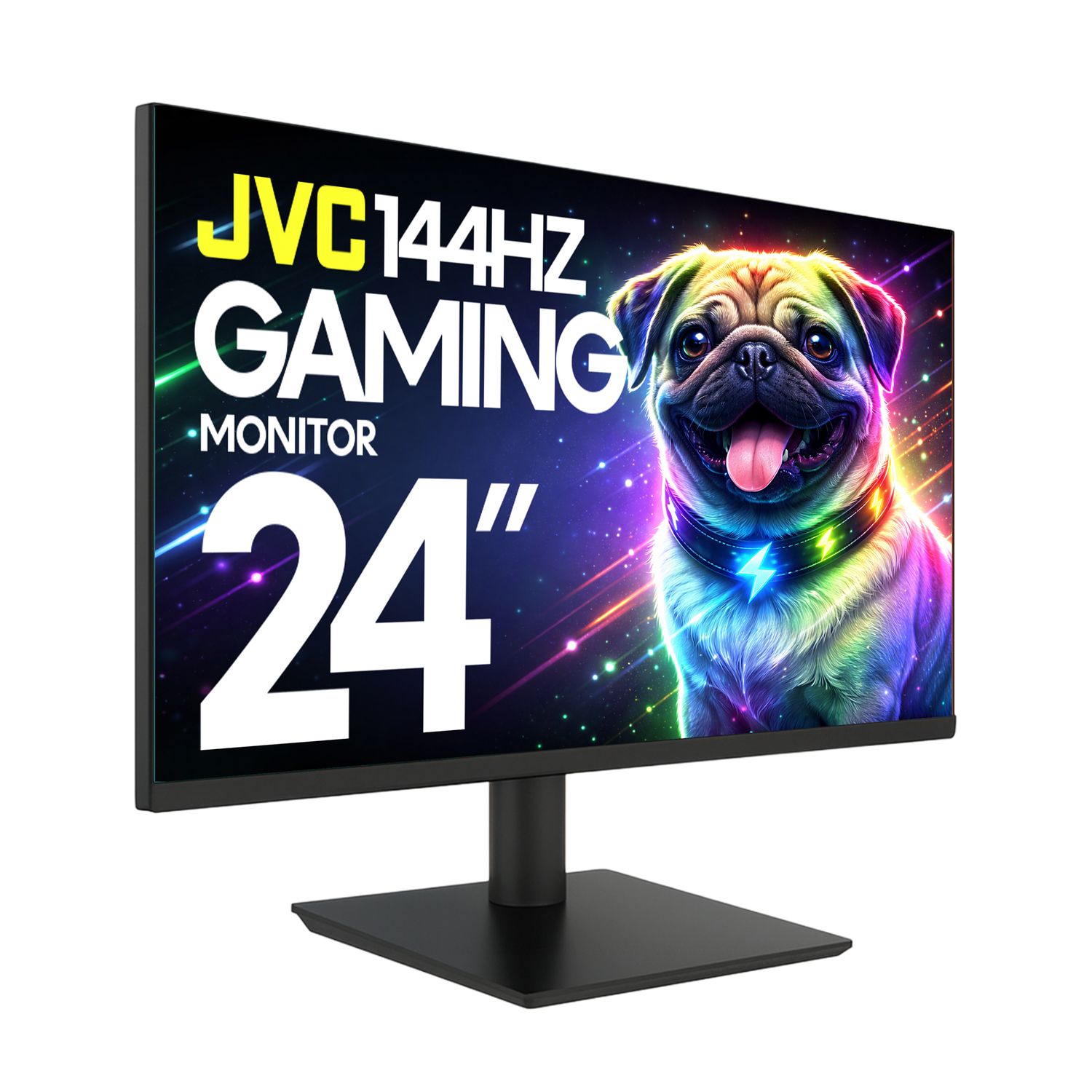 JVC 24-inch 144Hz gaming monitor displaying a colorful neon-style image of a pug on screen, with a slim black bezel