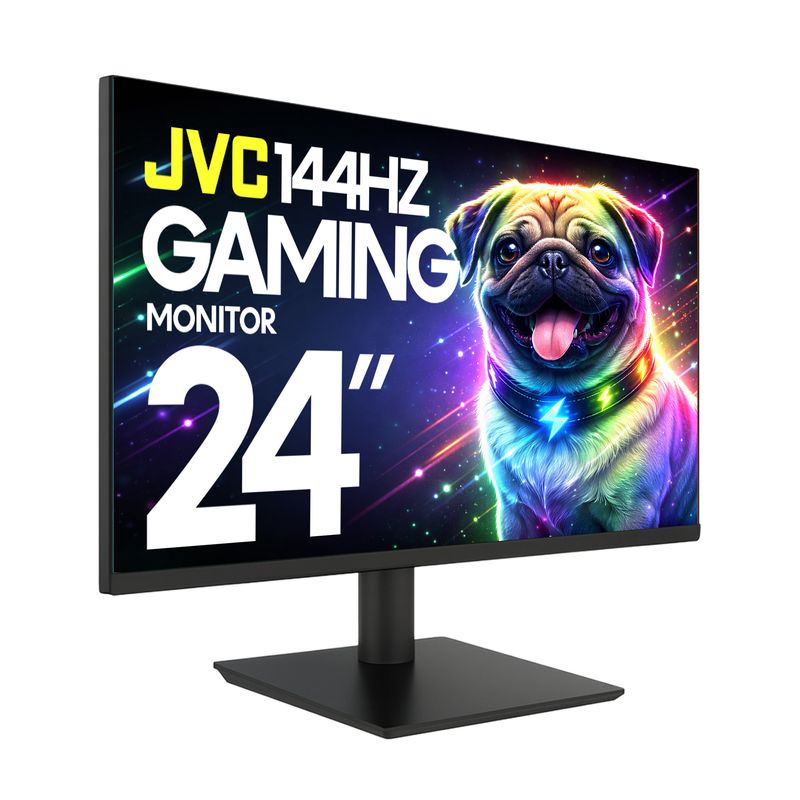 JVC 24-inch 144Hz gaming monitor displaying a colorful neon-style image of a pug on screen, with a slim black bezel