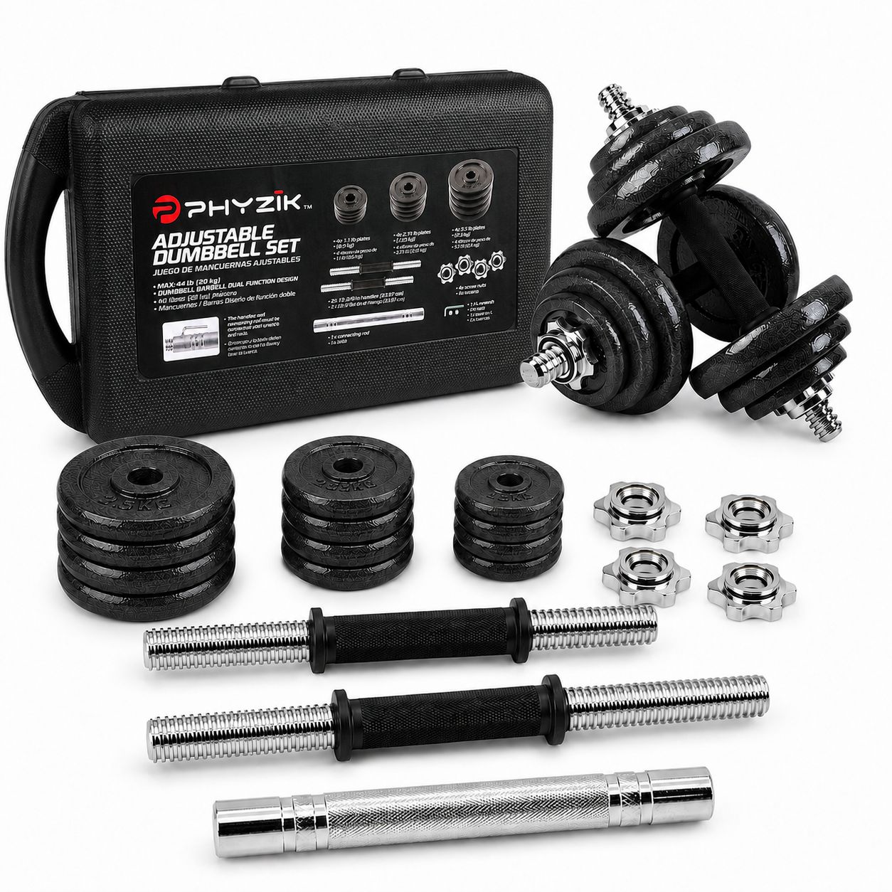 PHYZIK 44 lb (20 kg) Adjustable Dumbbell &amp; Barbell Set with Carry Case