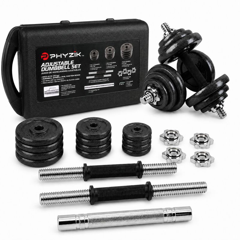 PHYZIK 44 lb (20 kg) Adjustable Dumbbell &amp; Barbell Set with Carry Case