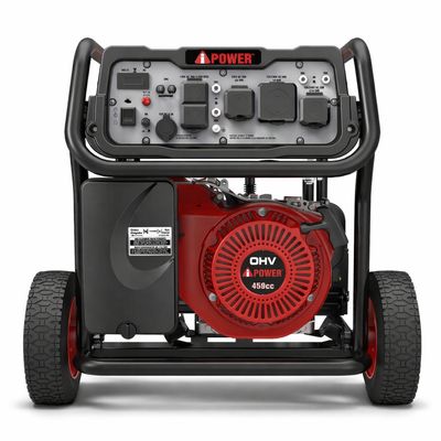 Front view of heavy-duty iPower gasoline generator with multiple outlets available for rental in Trinidad