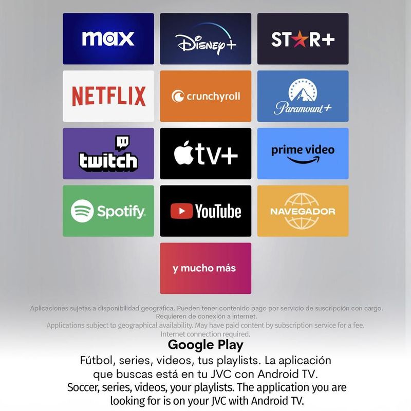 Google TV streaming apps available on JVC Smart TV including Netflix, Prime Video and YouTube