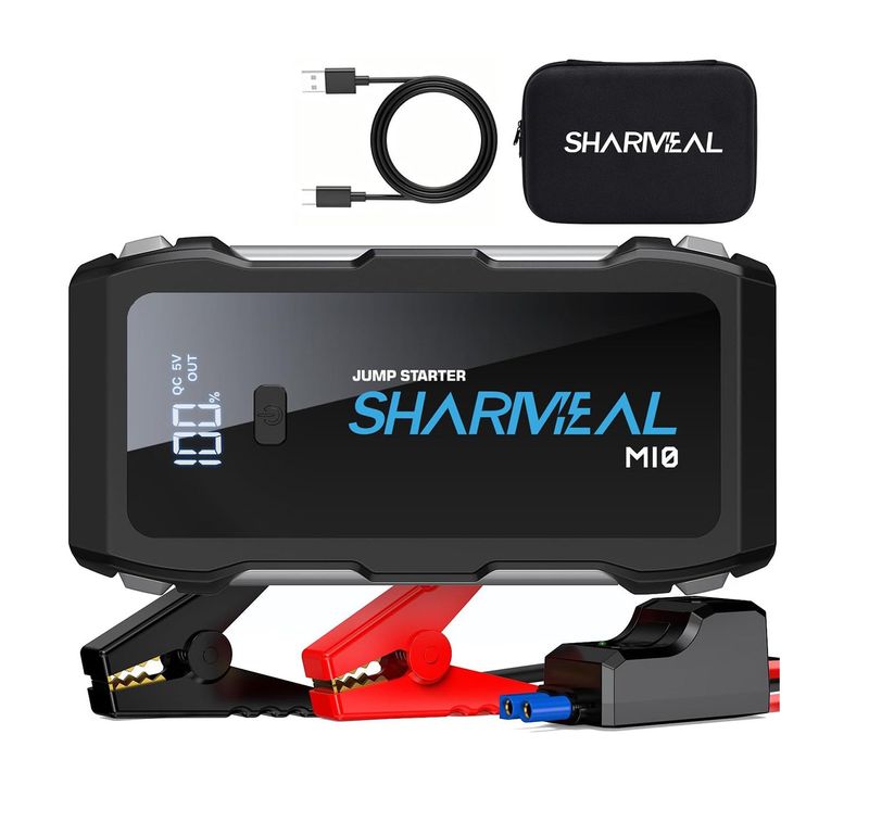 Sharmeal M10 car battery jump starter with smart jumper cables, charging cable and protective carrying case.