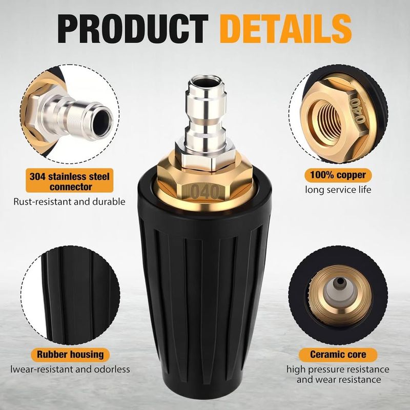 Boquilla Turbo para Hidrolimpiadora LEIFIDE de 4000 PSI con Conexión Rápida de 1/4" y Rotación de 360° para Limpieza Profunda de Ladrillo, Concreto y Superficies de Vinilo