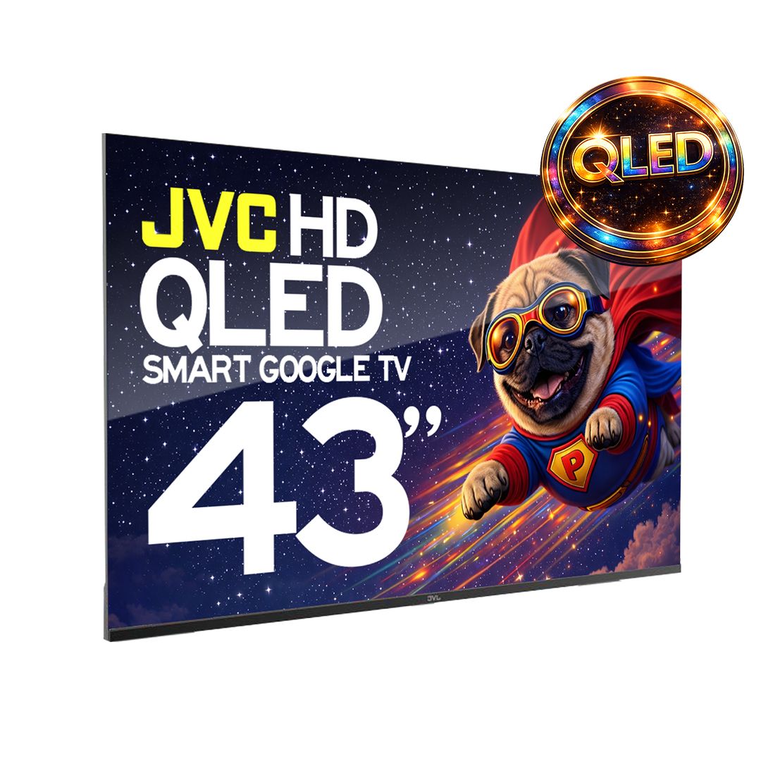 JVC 43 inch QLED Full HD Smart TV with Google TV displaying vibrant colors and modern slim design
