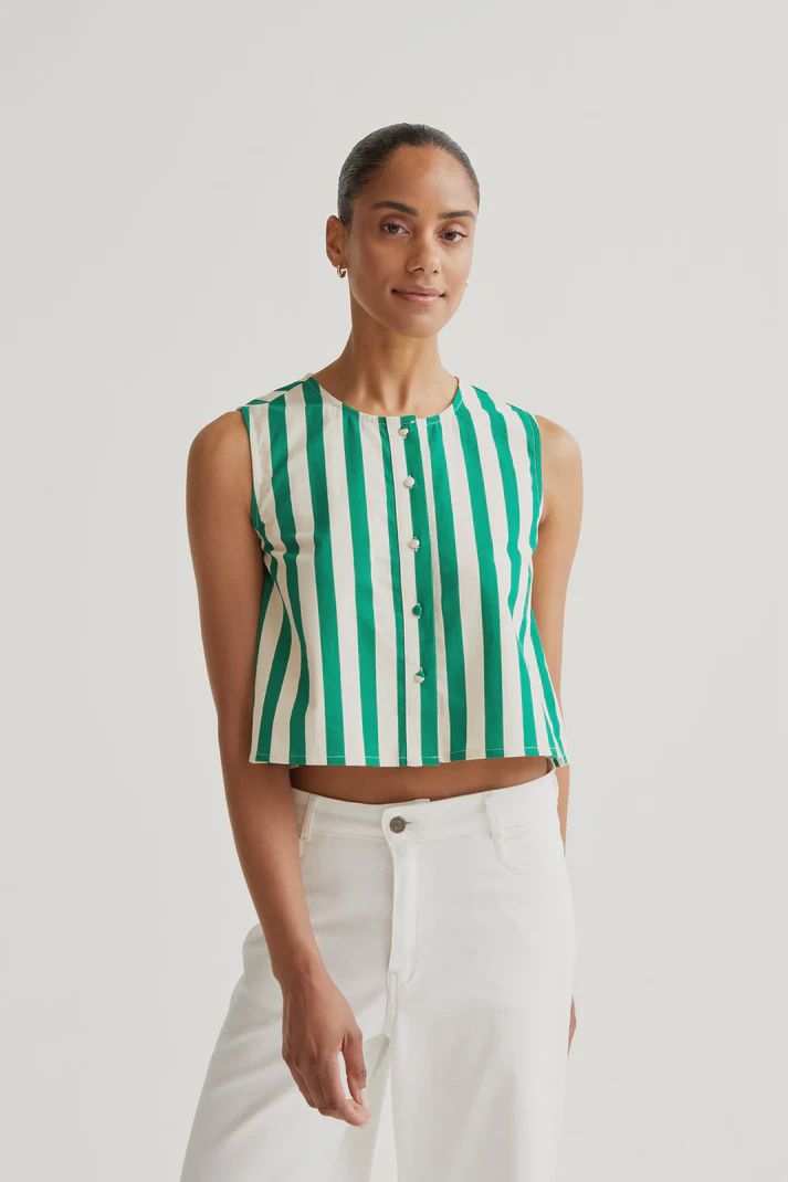BUTTON UP STRIPED SLEEVELSS TOP