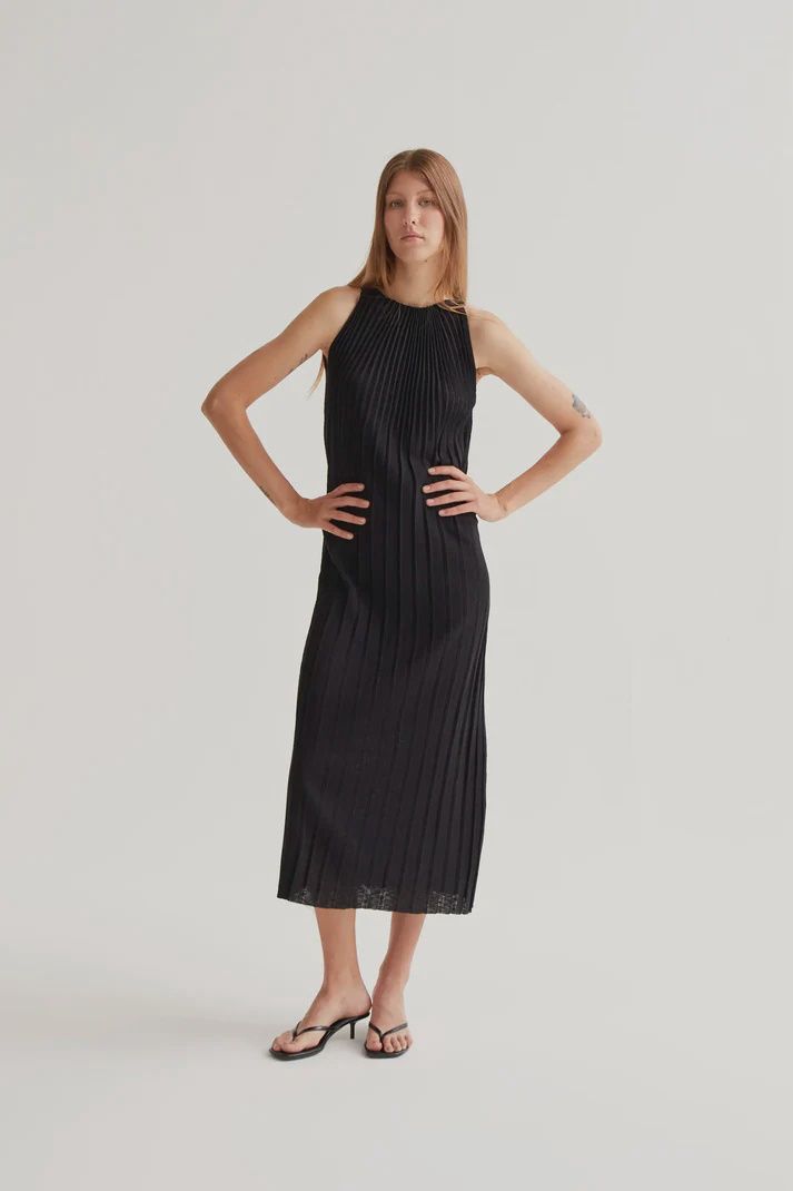 ACCORDIAN LONG BLACK DRESS