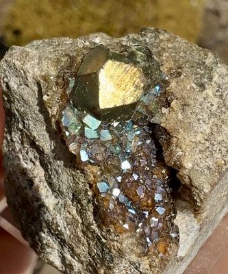 Golden Rainbow Garnet on Blue and Purple Druzy Matrix from San Pedro Mtn., New Mexico 22mm x 22mm x 23mm
